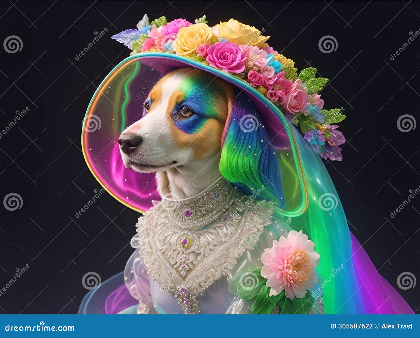 multicolored canine bride. ai generated