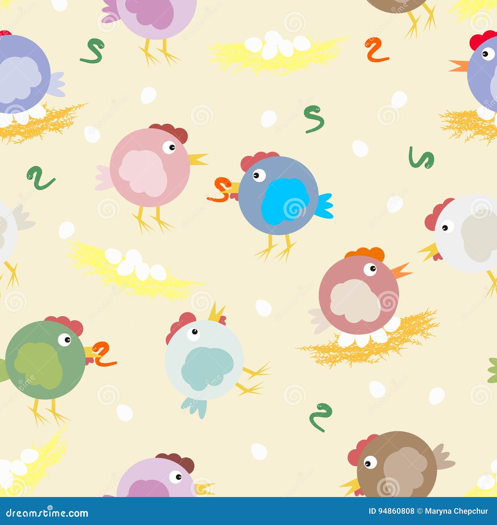 multicolored chicks, worms and egg nests. funny original  pattern for your .