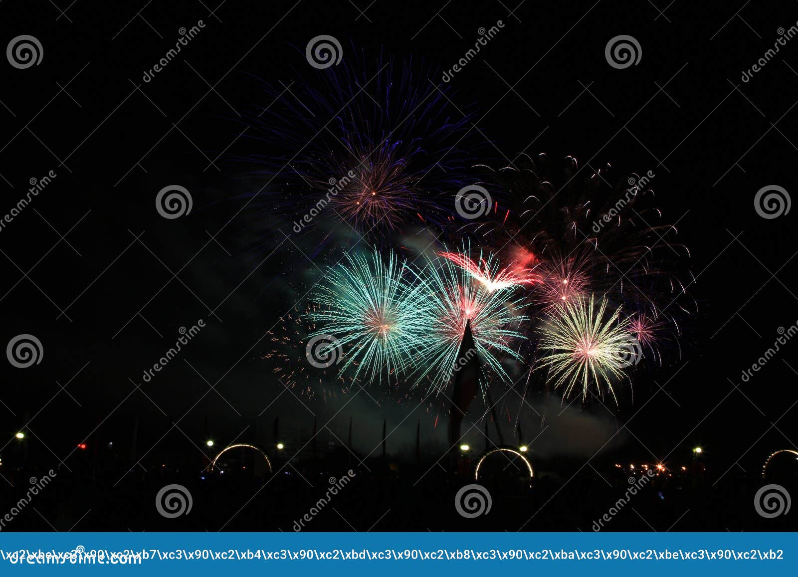 Multicolored Fireworks in the Dark Sky, City Day Celebration. Stock