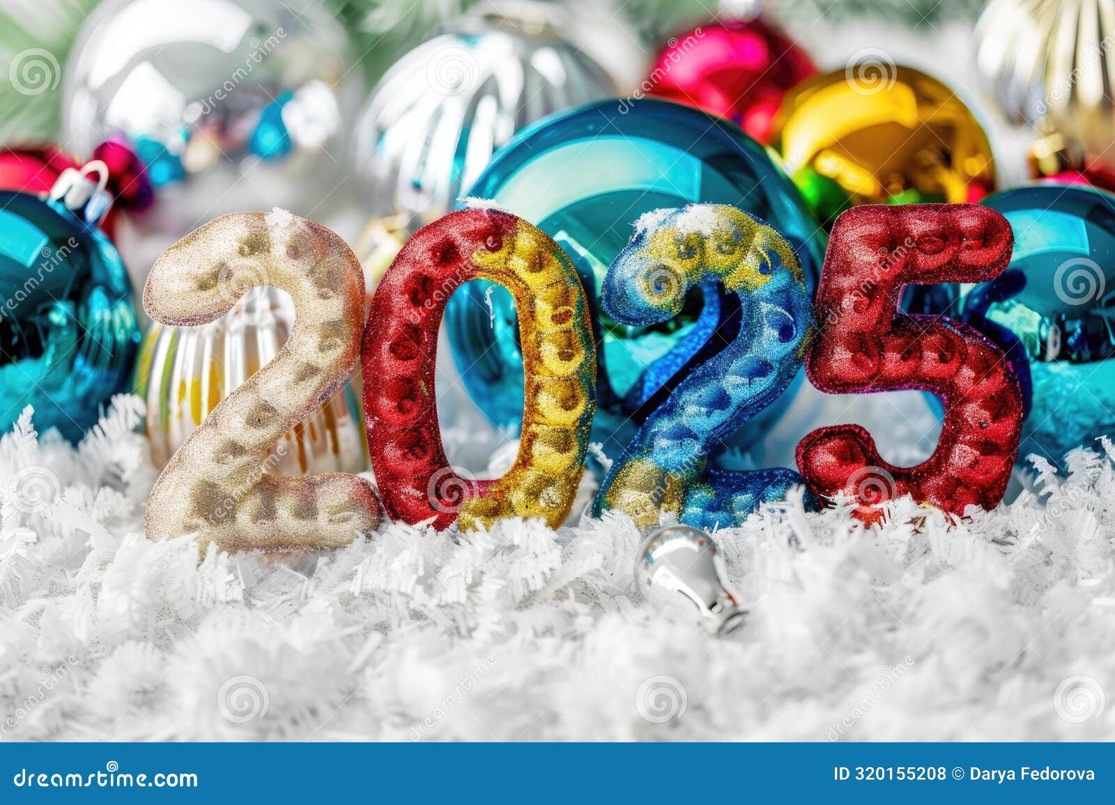 multicolored glittering numerals '2025' set against a backdrop of white frost