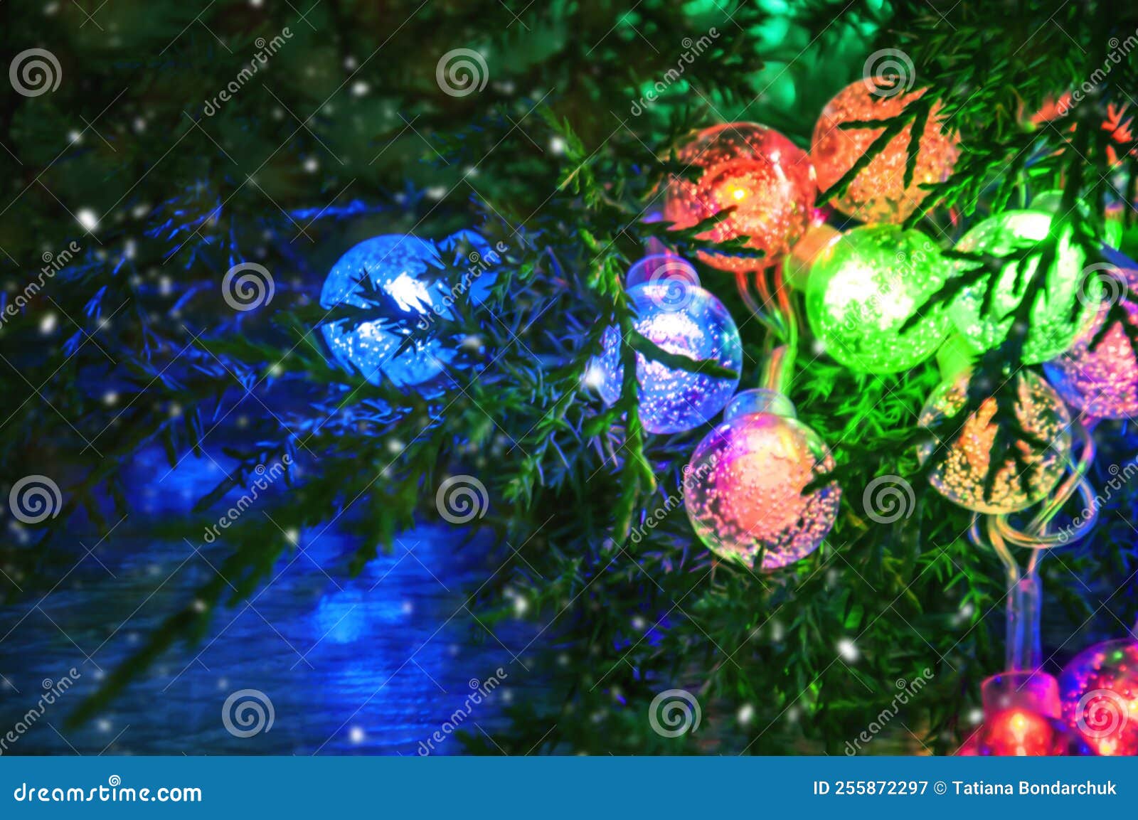 Multicolored Glowing Christmas Balls Garlands Closeup Stock Image