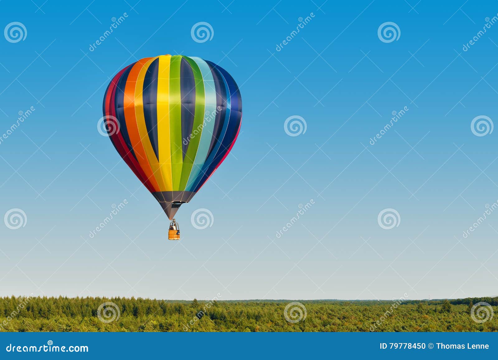 Multicolored Hot Air Balloon Flying Over a Forest Stock Photo Image
