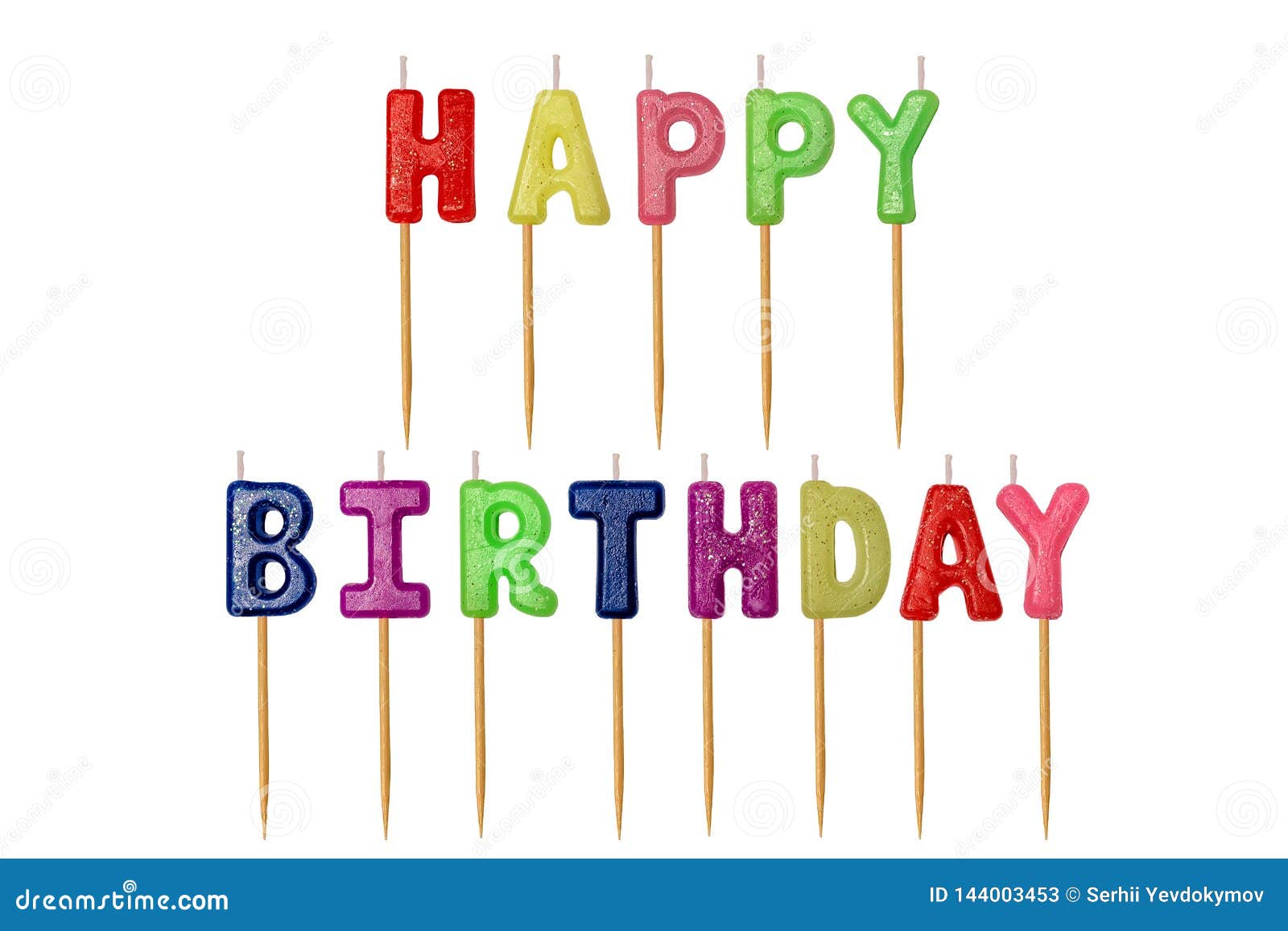 Multicolored Inscription Happy Birthday Candles Letters On Wooden Stick