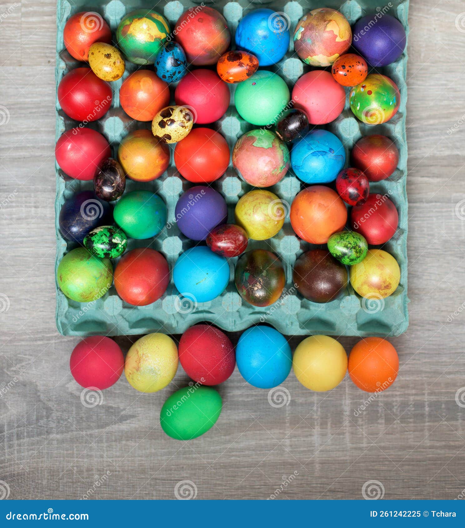Multicolored Painted Hens and Quail Easter Eggs in Egg Carton Stock