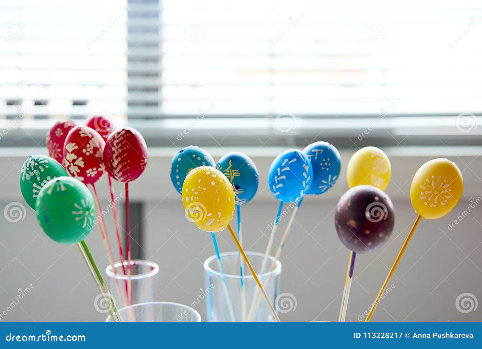Multicolored Painted with Wax Decorating Eastern Eggs are Drying on