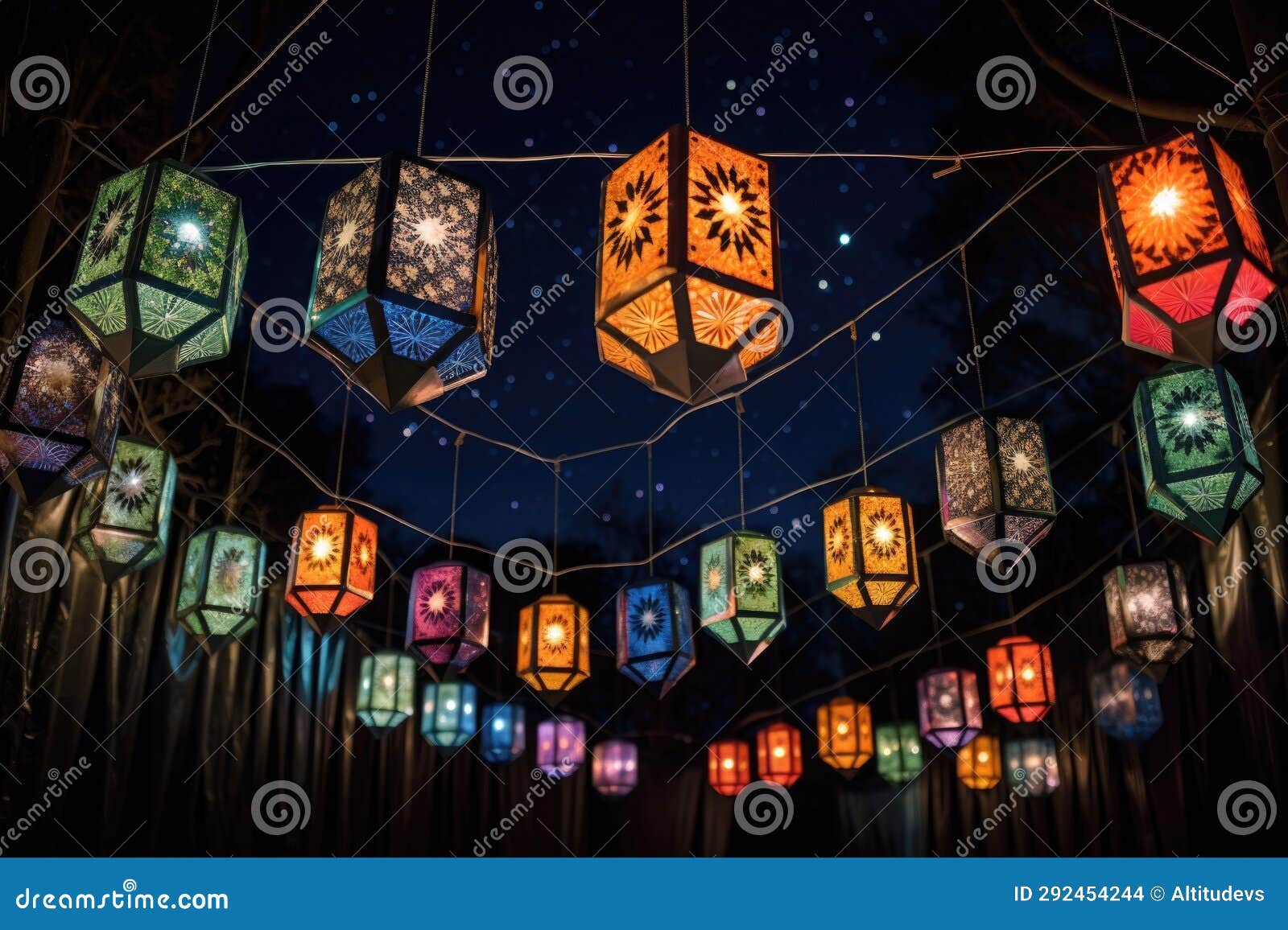 Multicolored Patterned Lanterns Hanging Against a Night Sky Stock Photo
