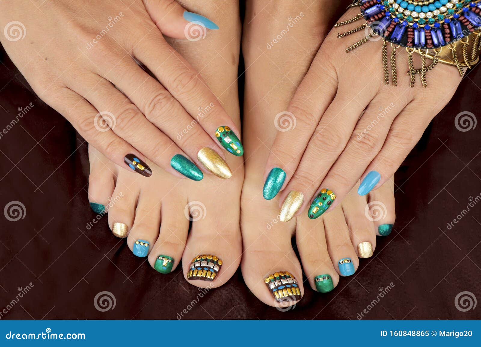 Multicolored Pedicure And Manicure With Rhinestones On Oval Long Female Nails Stock Image Image Of Mother Finger