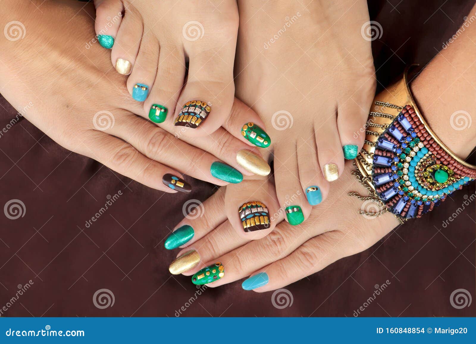 Multicolored Pedicure And Manicure With Rhinestones On Oval Long Female Nails Stock Photo Image Of Body Beautiful