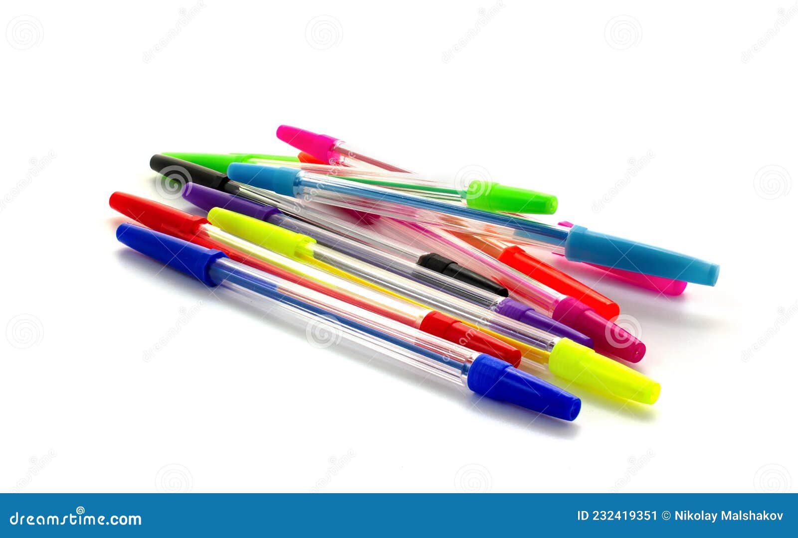 Multicolored Pens Isolated on White Background. Ballpoint Pens Lie