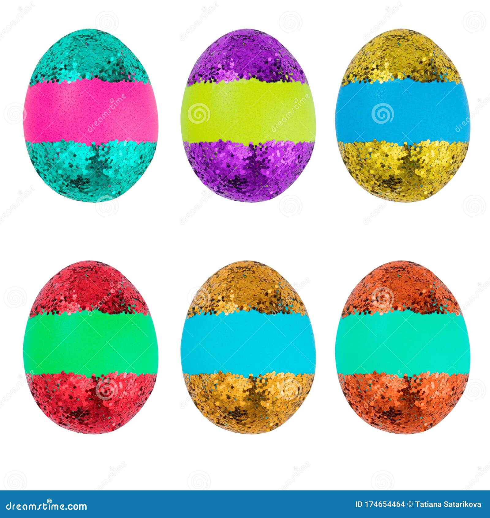 Multicolored Set of Eggs with Glitter in Closeup, Isolated on a White Background. Easter Egg