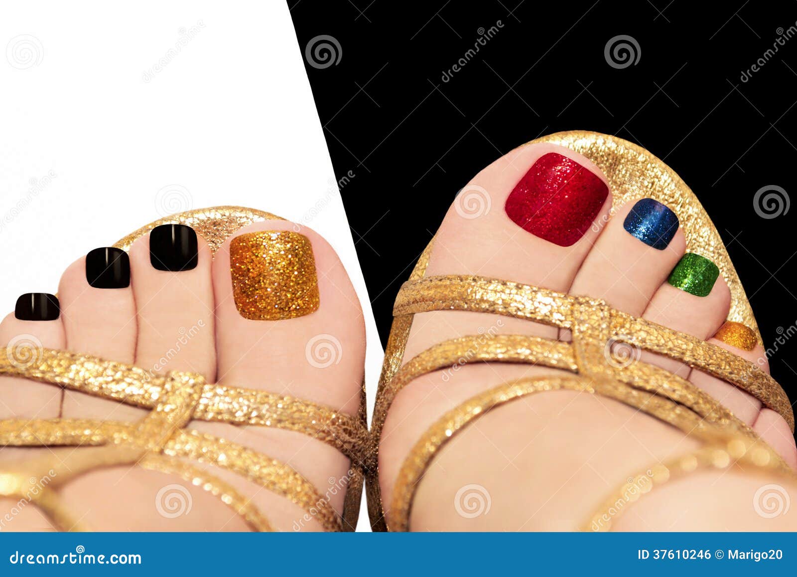 multicolored shining pedicure.