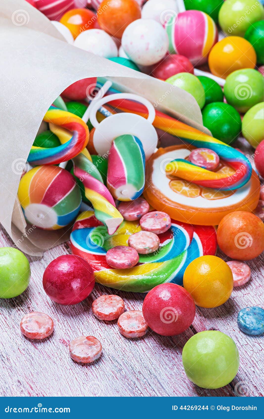 Multicolored Sweets and Chewing Gum in Paper Bags Stock Photo Image