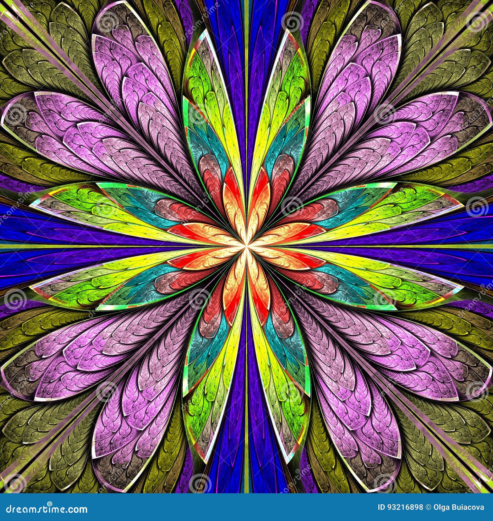 Multicolored Symmetrical Fractal Flower in Stained-glass Window Stock