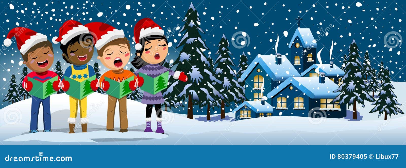 Multicultural Kids Xmas Hat Singing Christmas Carol Blank Frame Stock