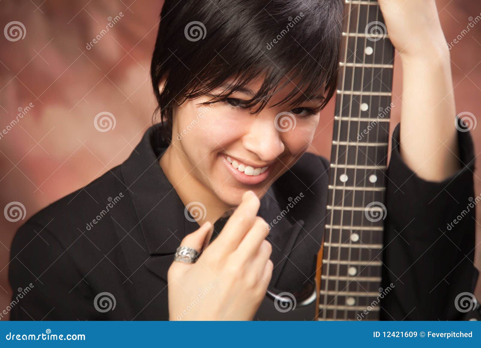 Multiethnic Girl Poses with Electric Guitar Stock Image Image of