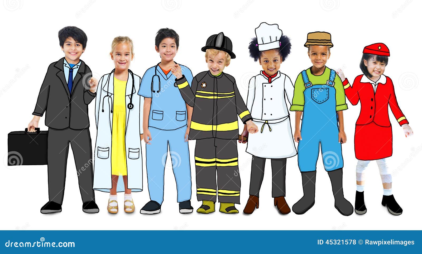 multiethnic group of children with future career uniforms