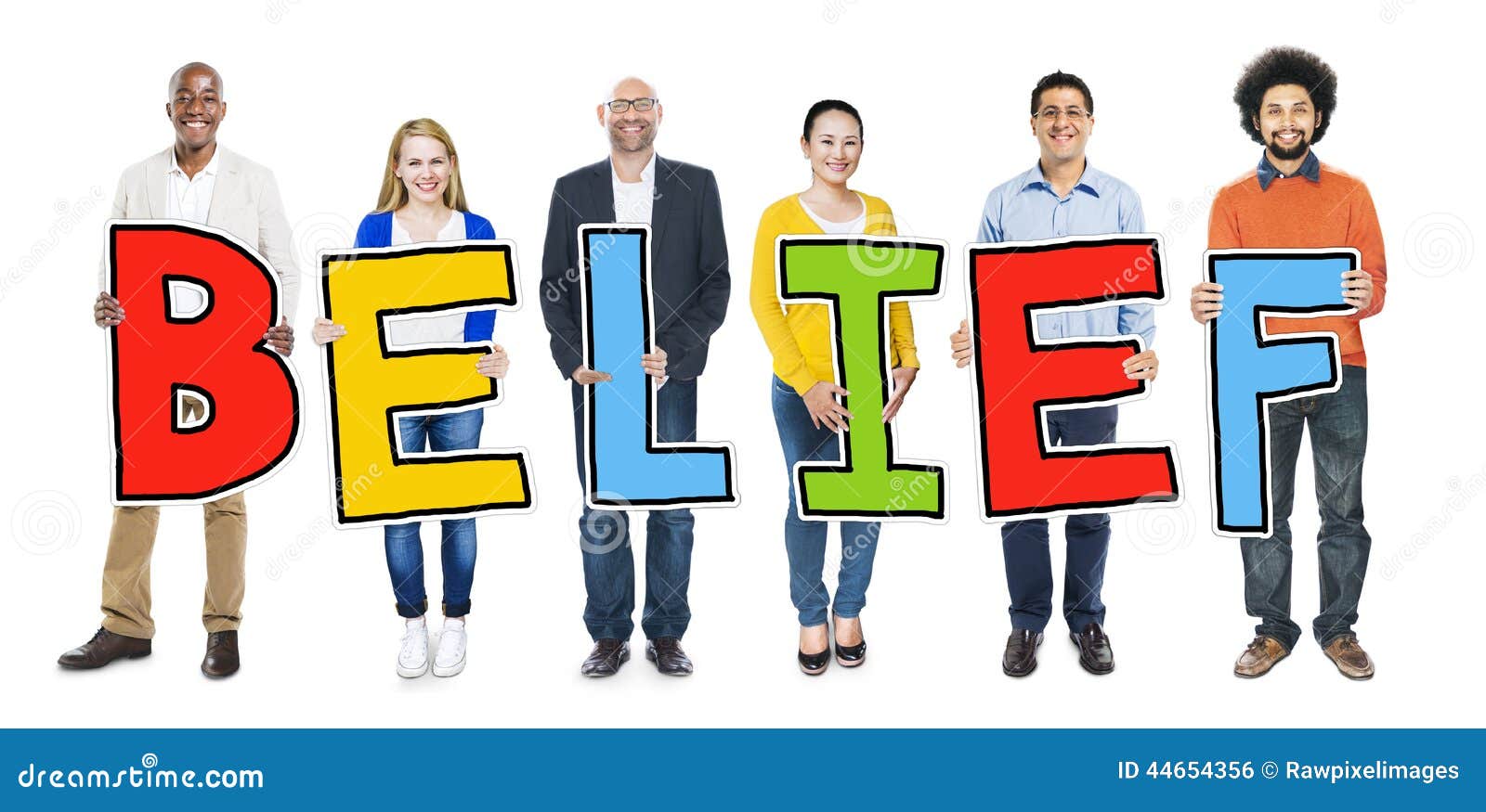 multiethnic group of people holding letter belief