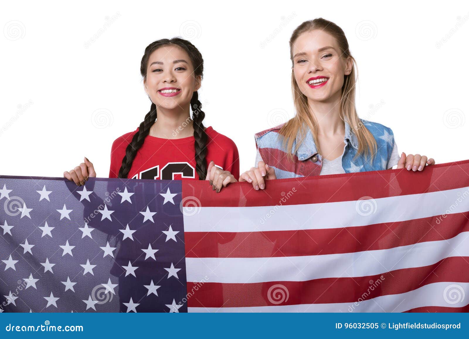 Multiethnic Women Holding Flag Of Usa Isolated On White Independence