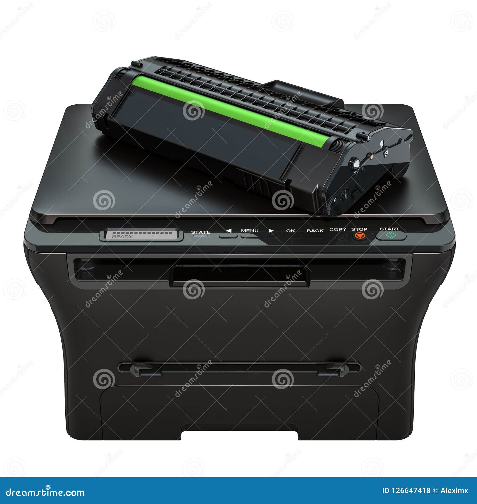 Multifunction Printer with Toner Cartridge, 3D Rendering Stock