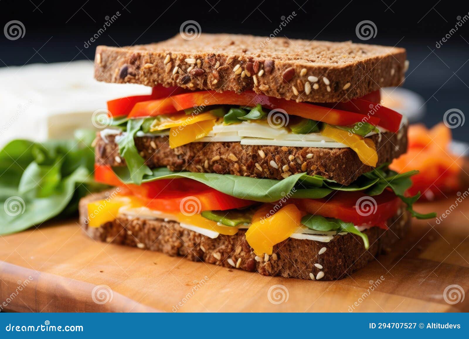 Multigrain Sandwich with Cheese, Lettuce, and Bell Peppers Stock Image