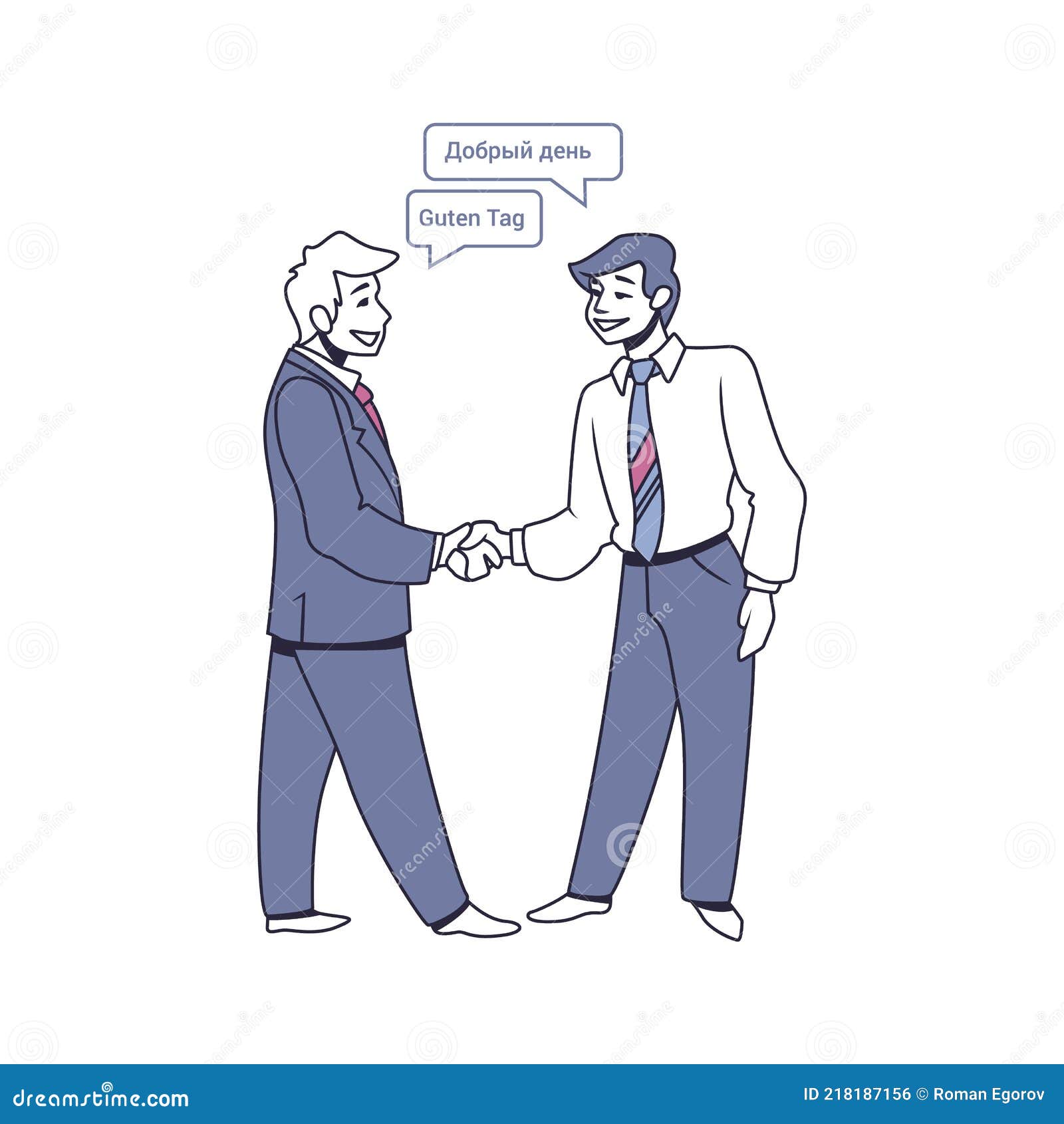 multilingual people. characters talking different foreign languages. office worker greets interlocutor and shakes hands