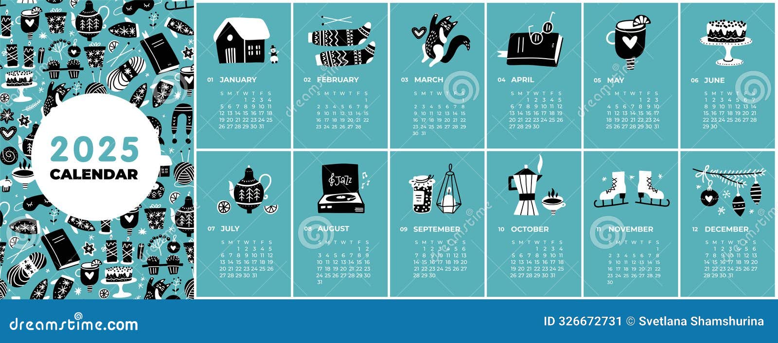 Multipage Calendar Template for 2025. Vertical Doodles of Four Seasons Activities. Editable