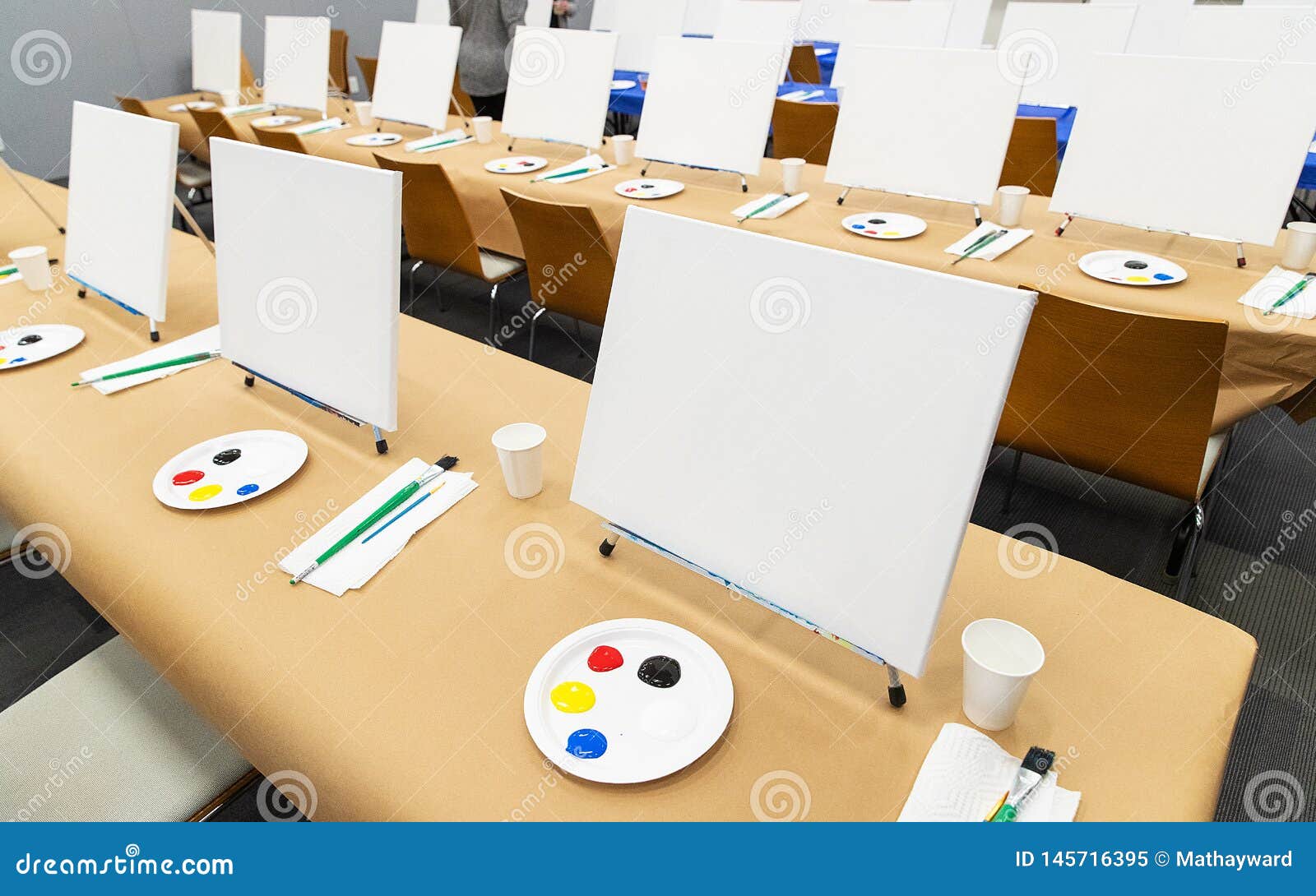 Multiple Blank Canvas with Paint Setup for Art Class Stock Image Image of school, people