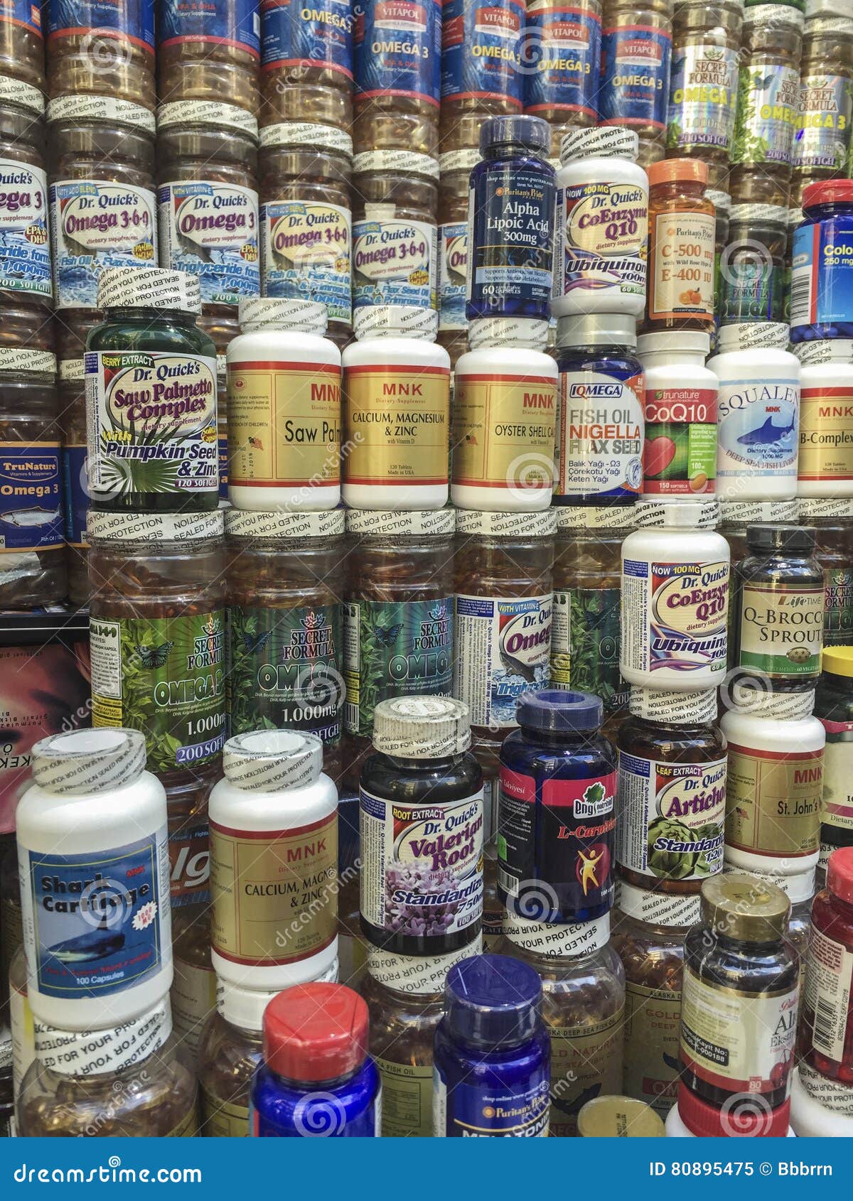 Multiple Brands Variety Vitamins and Supplements. Editorial Image