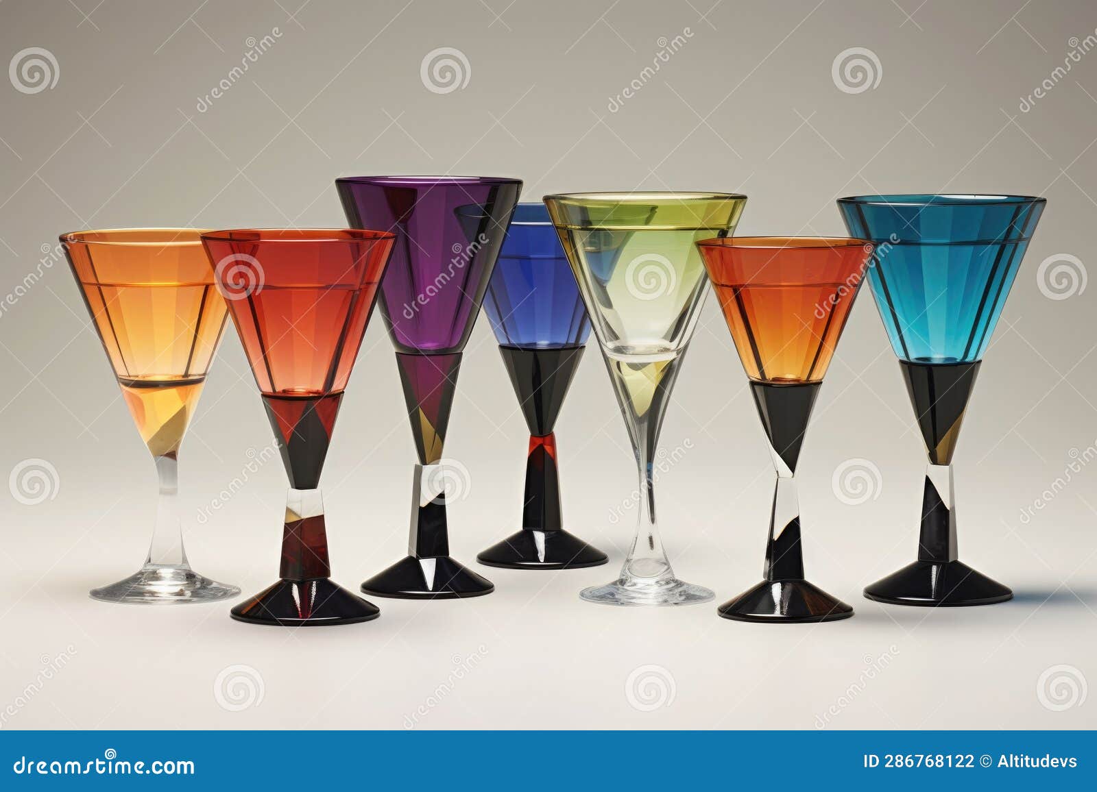 Multiple Cocktail Glasses with Different Colors and Shapes Stock Photo