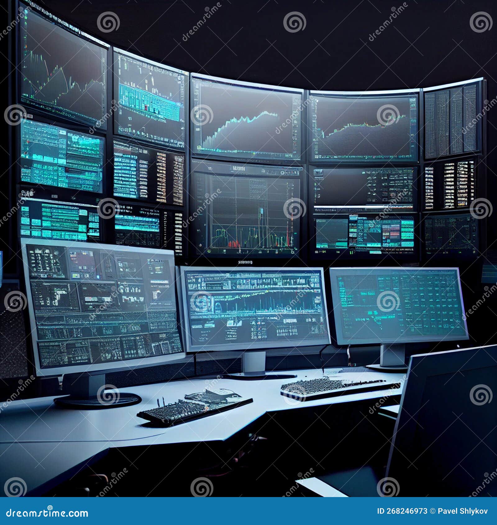 Multiple Computer Screens. Monitoring System with Multiple Displays on
