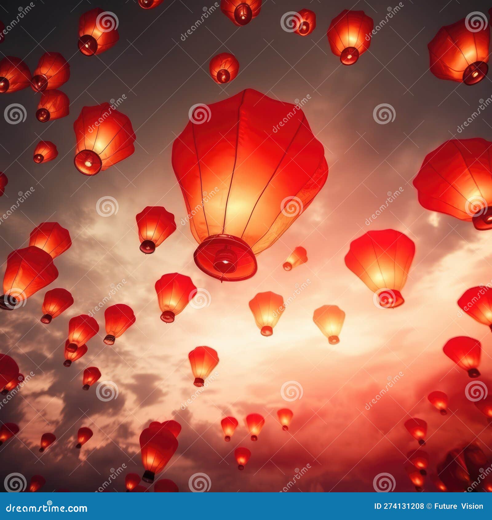Multiple Lighted Chinese Lanterns Over Sky