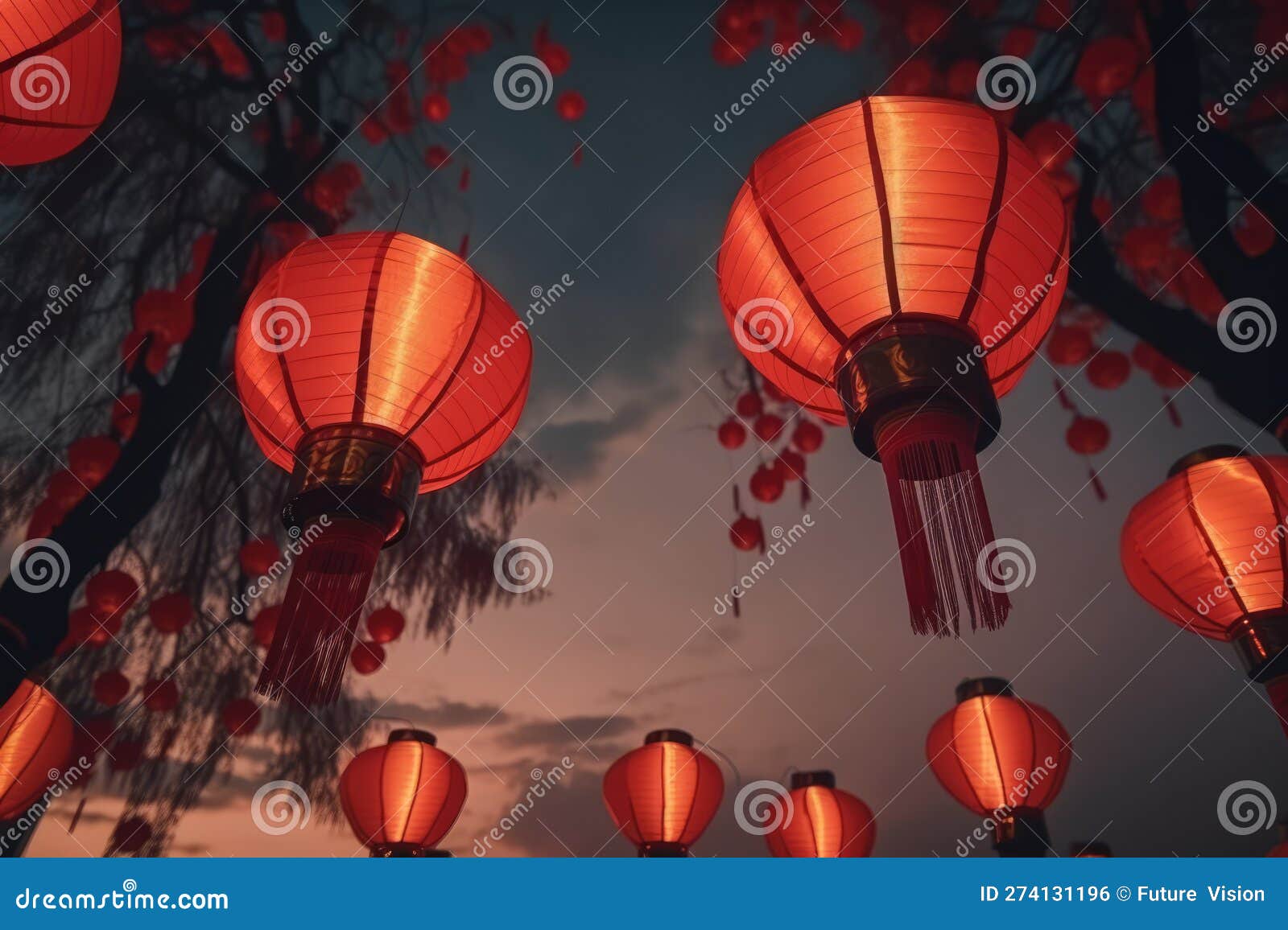 Multiple Lighted Chinese Lanterns Over Trees