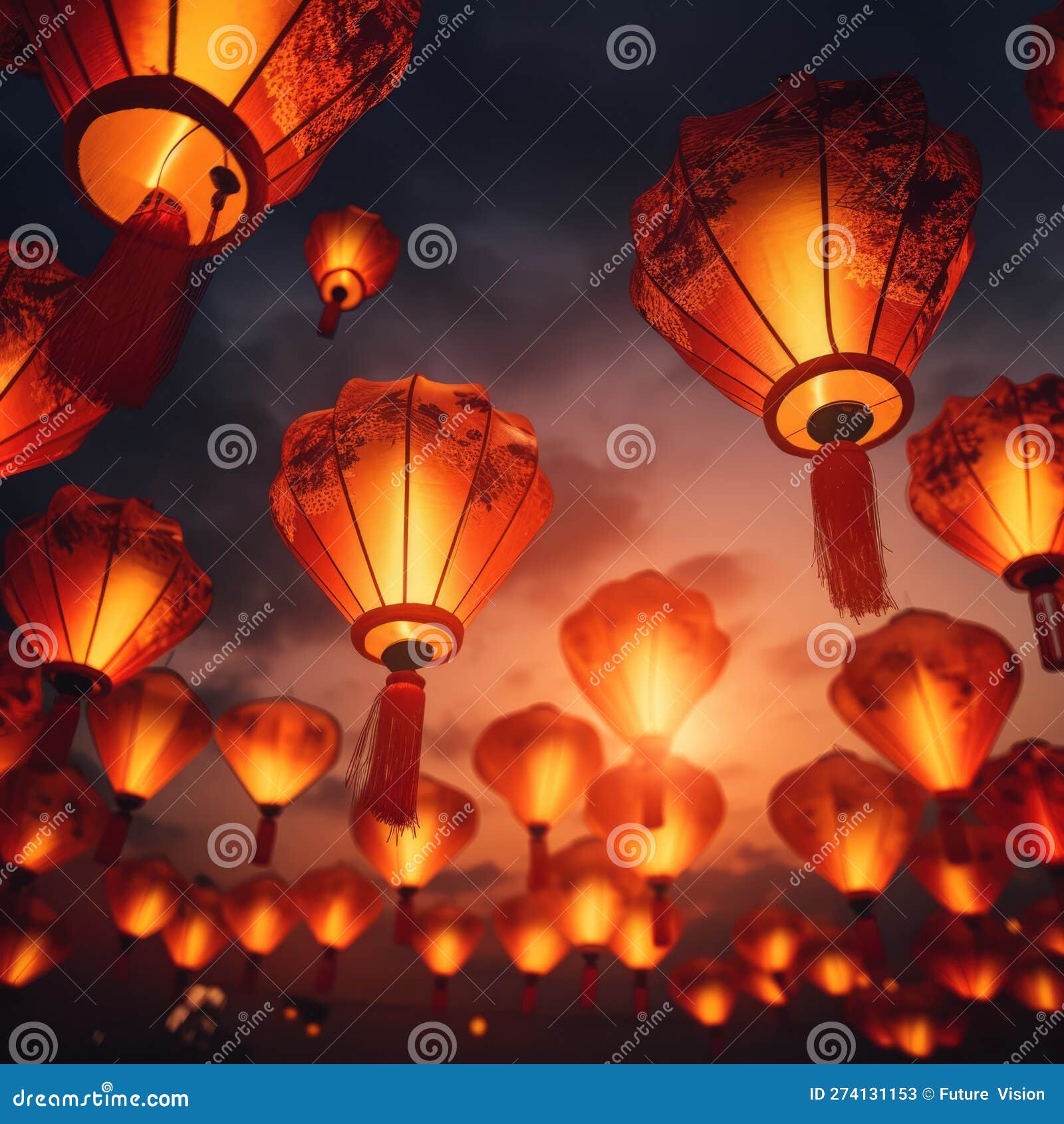 Multiple Lighted Chinese Lanterns with Pattern