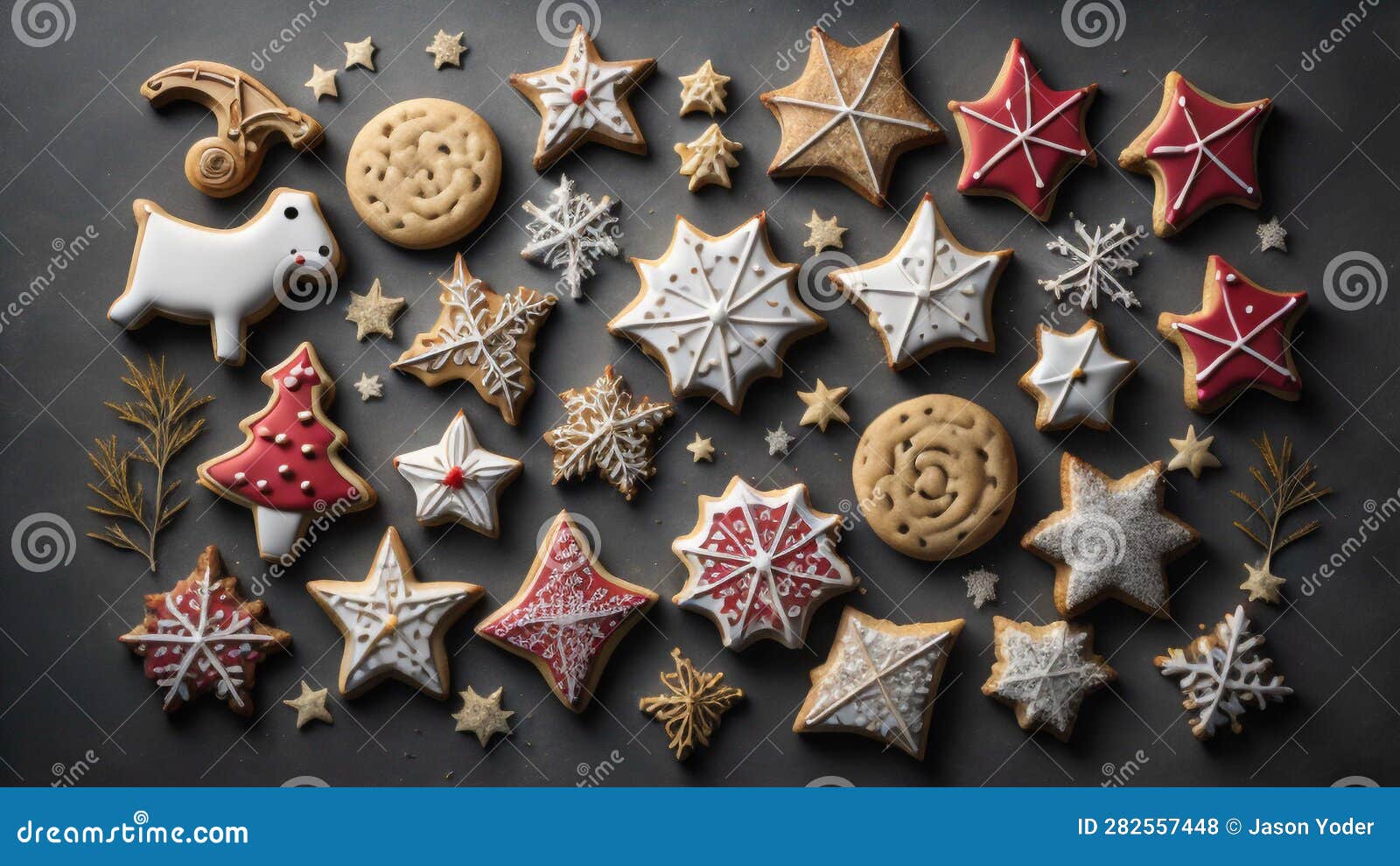 multiple rustic looking christmas cookies on a wooden table