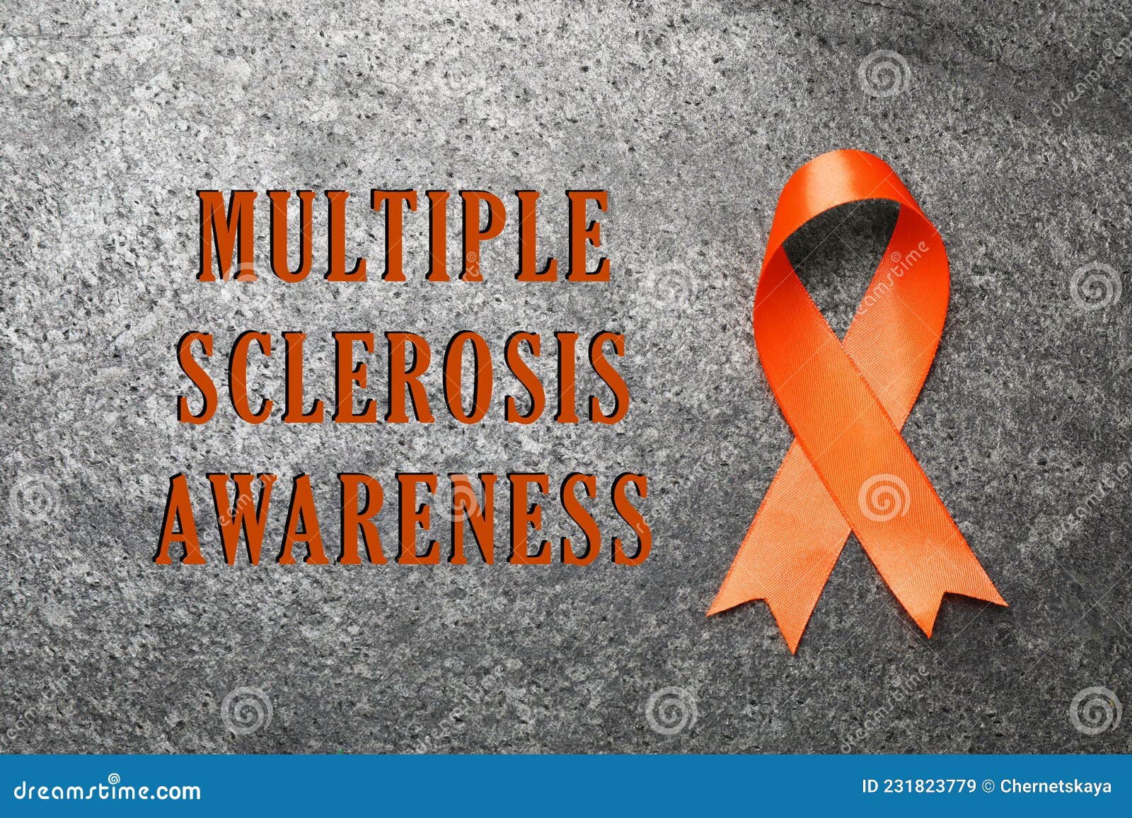 Multiple Sclerosis Awareness Day. Orange Ribbon on Grey Background, Top