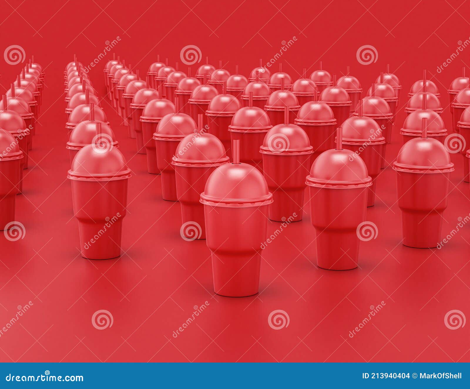 multiple slurpee cups in a row shiny red plastic slurpy caffee containers in red background, flat colors, single color, 3d