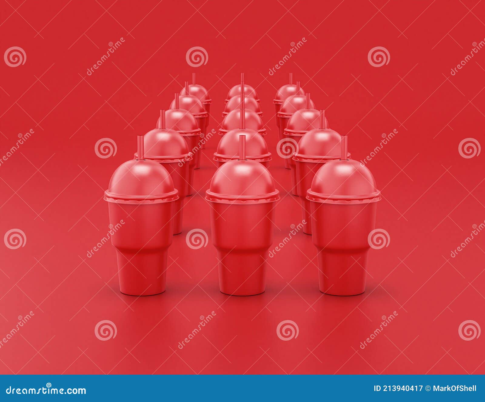 multiple slurpee cups in a row shiny red plastic slurpy caffee containers in red background, flat colors, single color, 3d