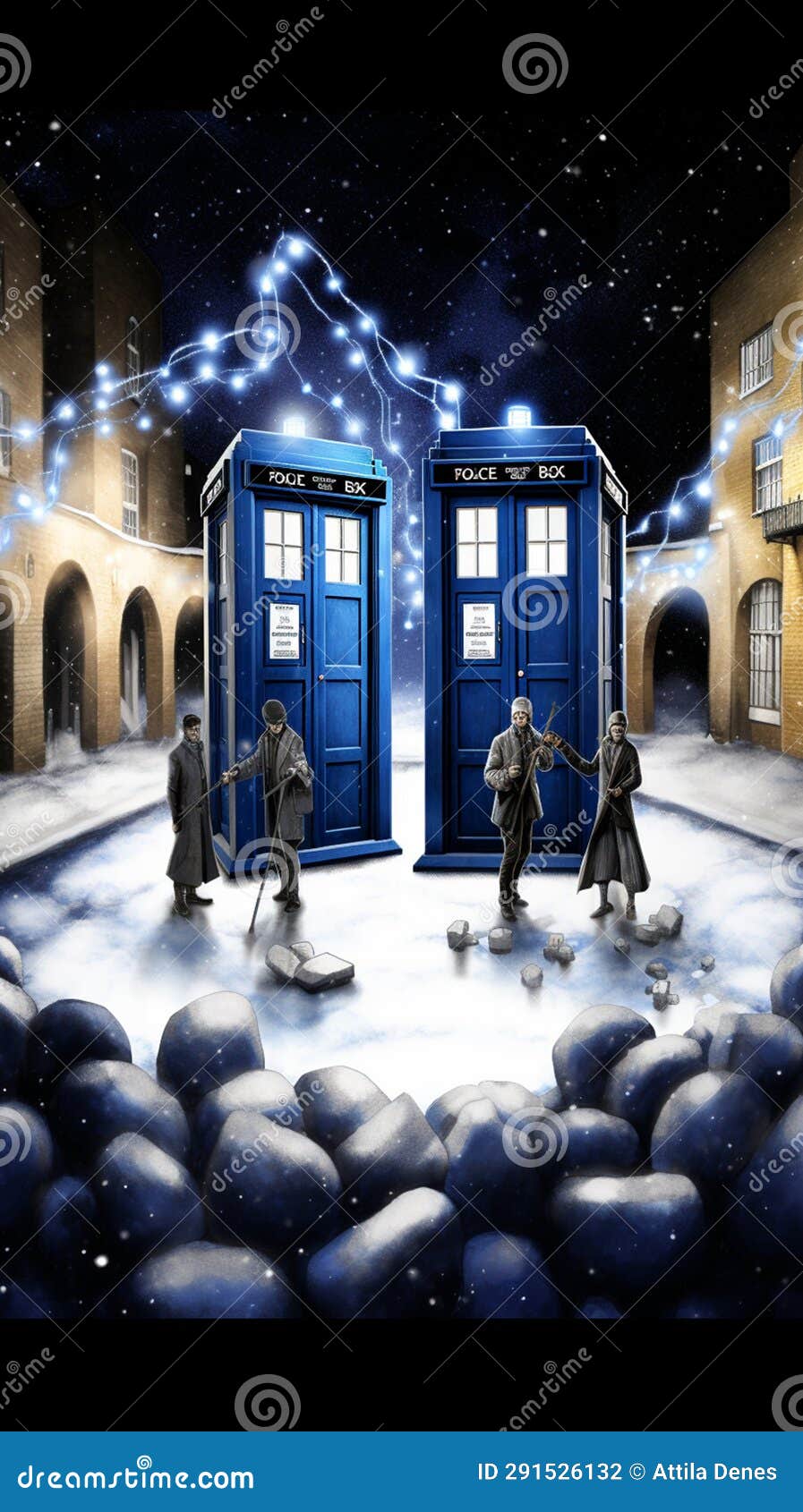 multiple tardis, from doctor who, space-time machine, blue police phone call box, generative ai