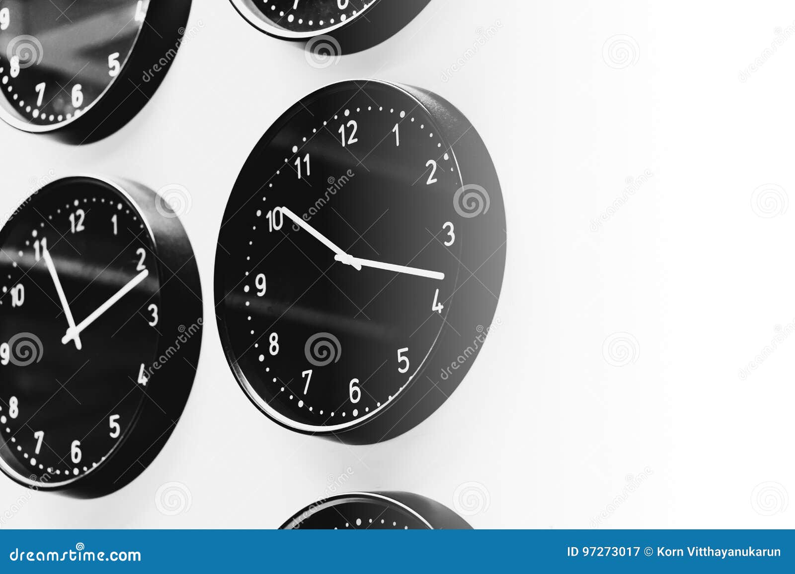 Multiple Time Clock on the Wall Black and White Stock Image Image of