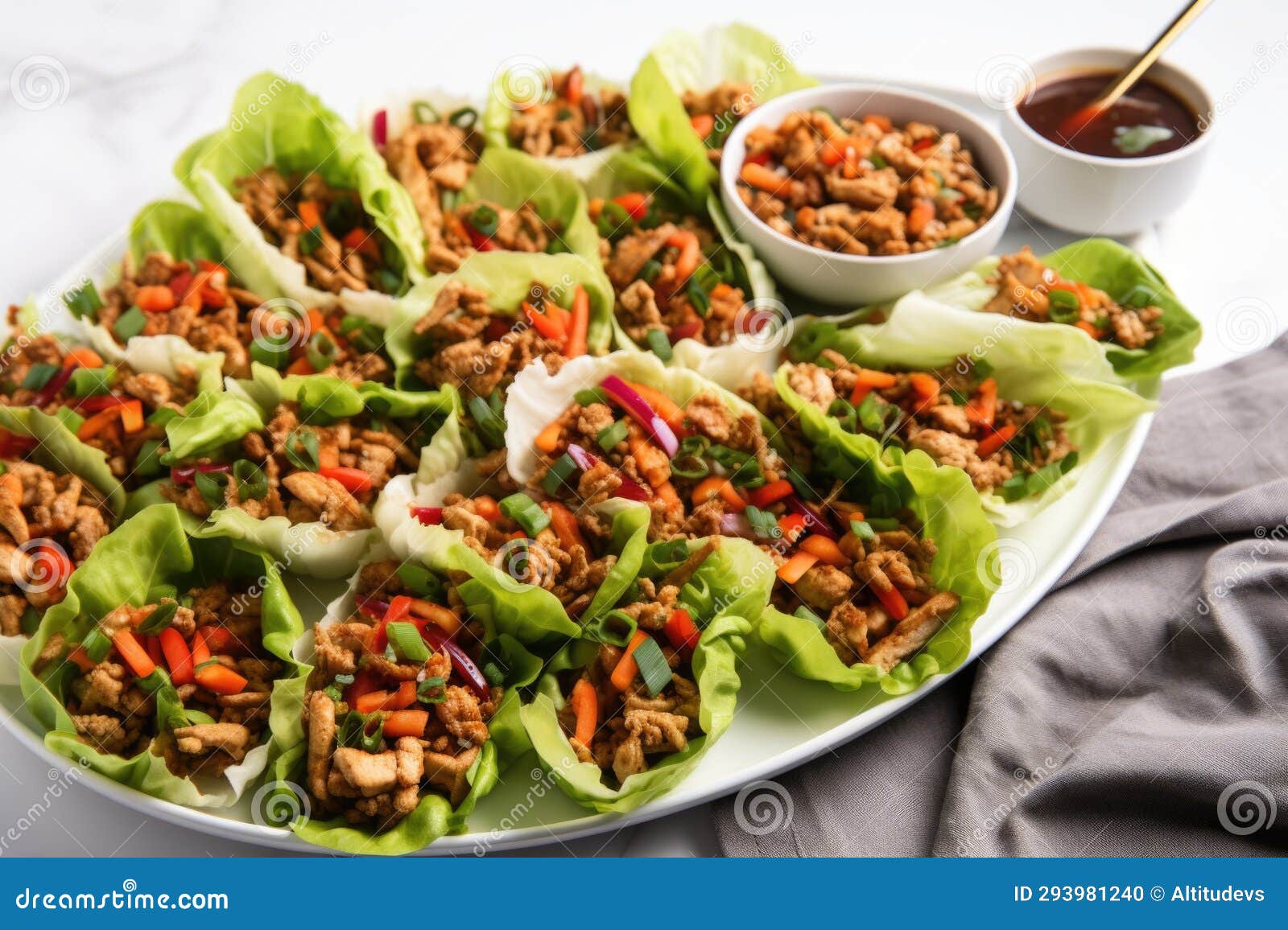 multiple turkey lettuce wraps on a large serving platter