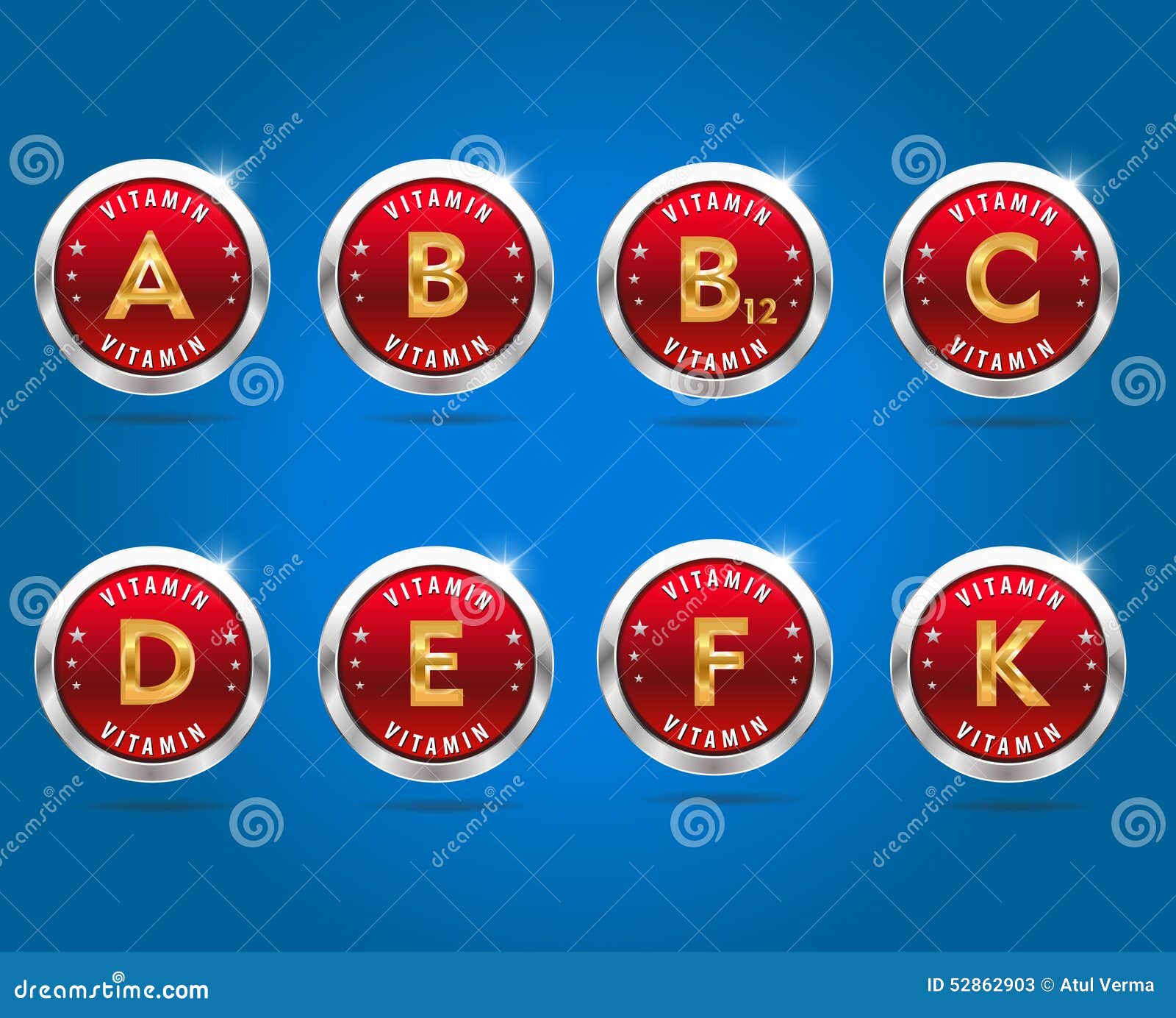 multiple vitamin label silver badge set on blue background