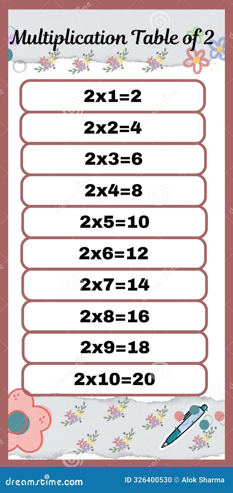 Multiplication Table of 2 for Kids Learning Stock Illustration