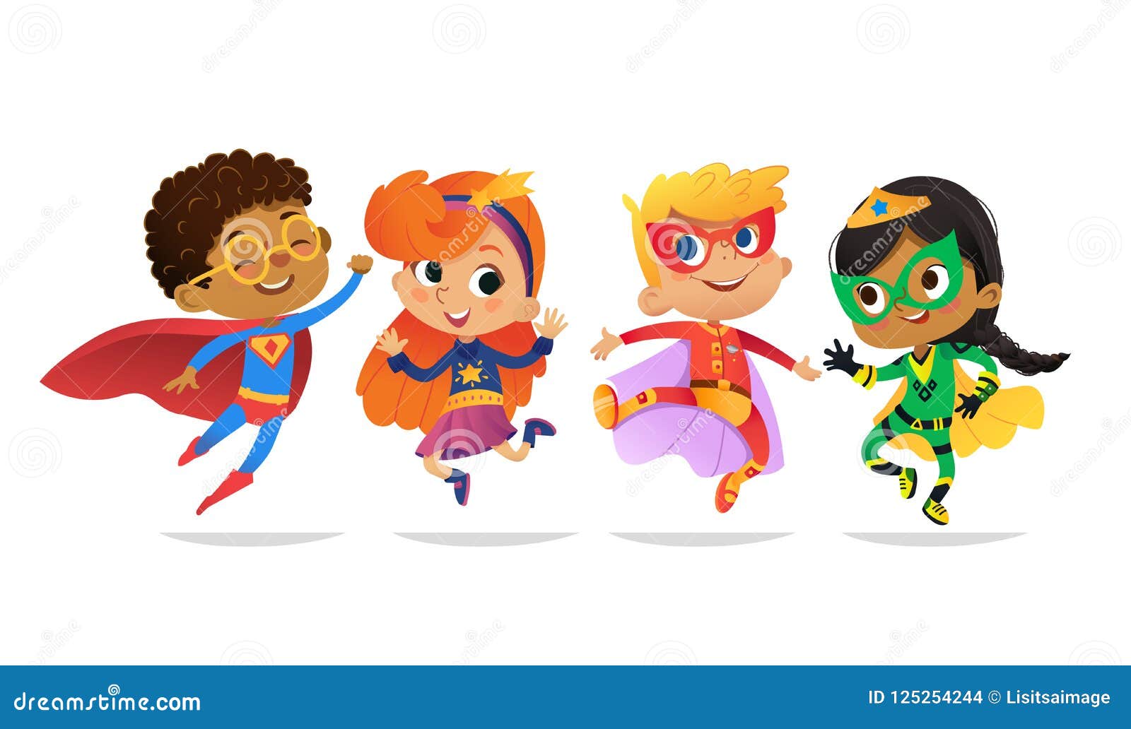 multiracial boys and girls, wearing colorful costumes of superheroes, happy jump. cartoon  characters of kid