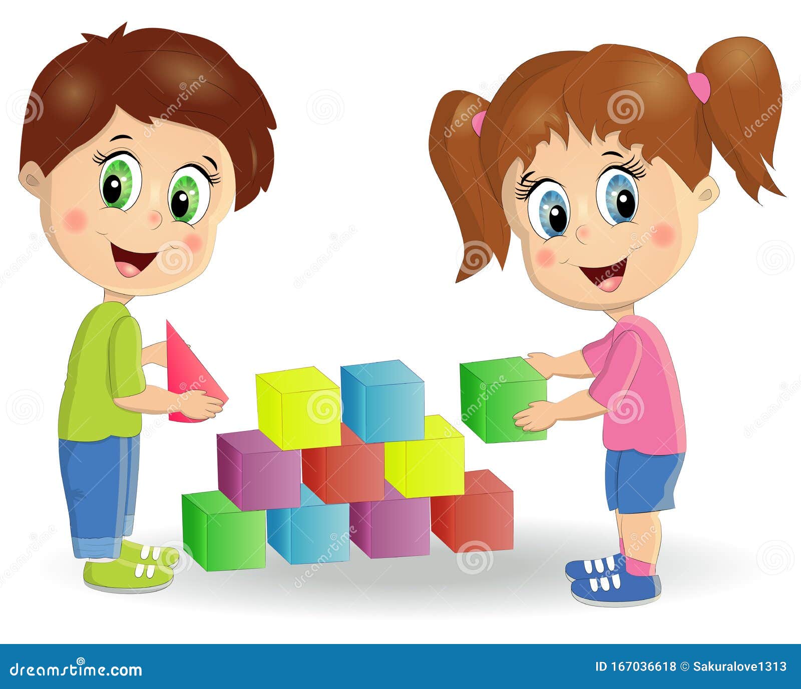 Multiracial Children Build Tower with Blocks. Kids Play Using Kit with ...