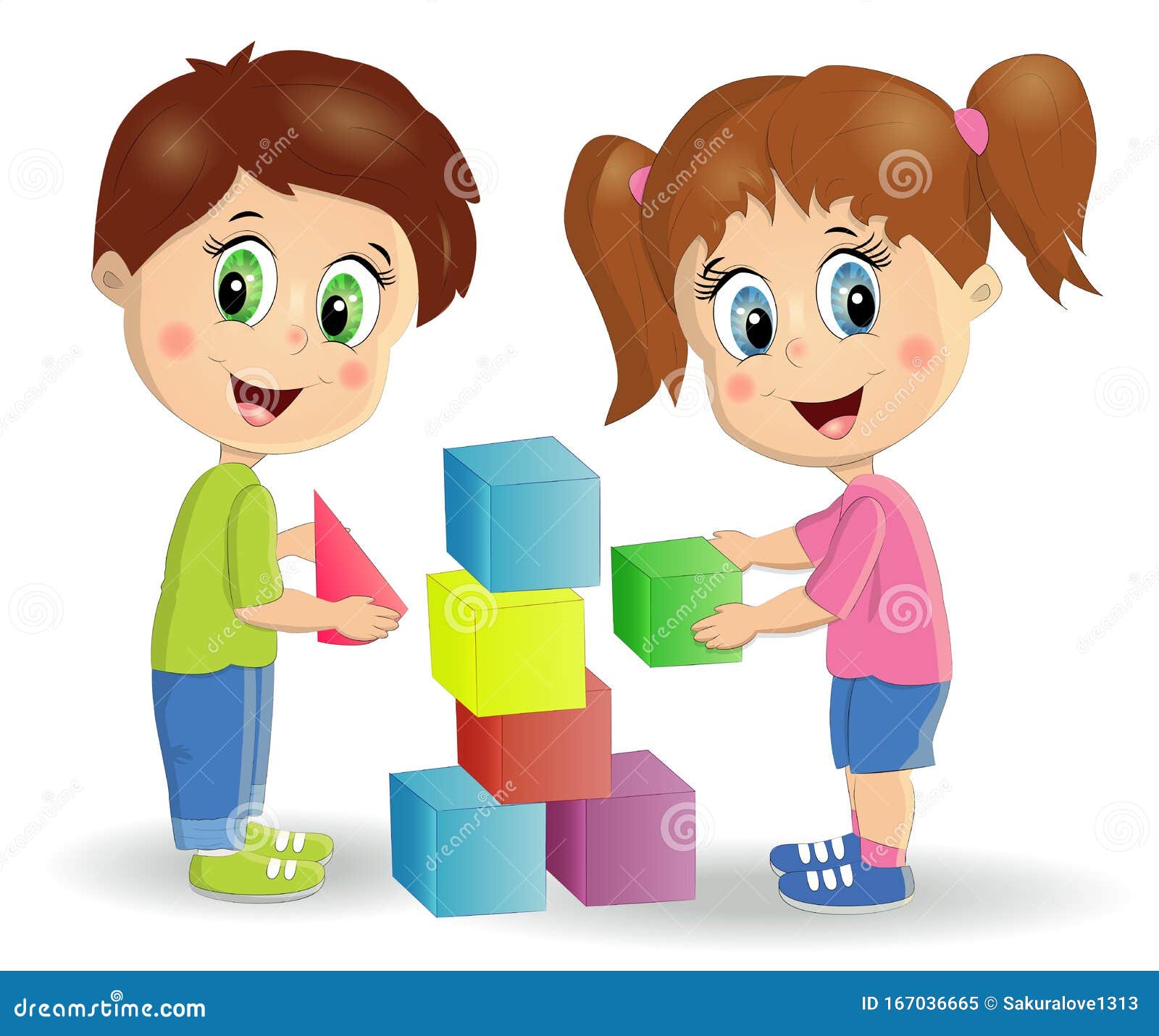 Multiracial Children Build Tower with Blocks. Kids Play Using Kit with ...