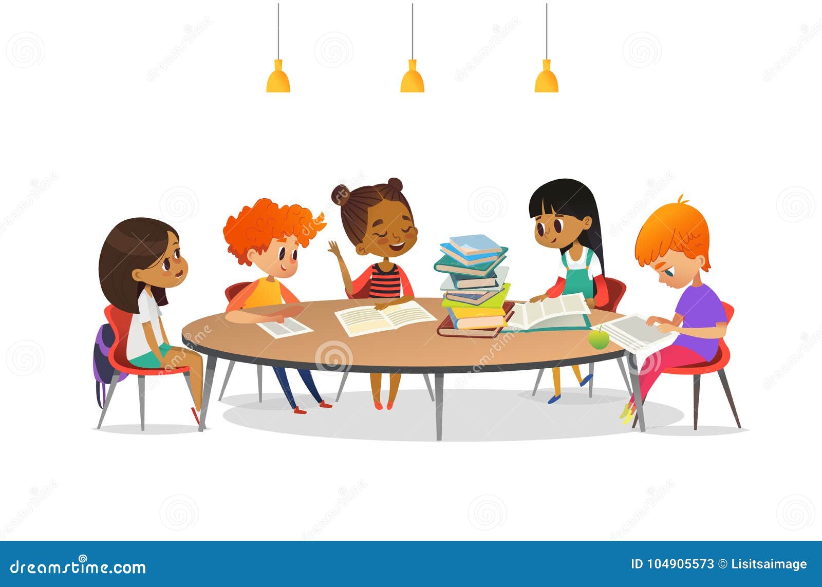 multiracial children sitting around round table with pile of books on it and listening to girl reading aloud. school