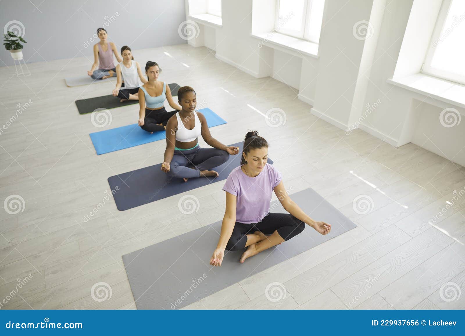 Group of Relaxed Ladies Doing Breathing Exercise and Meditating on Yoga Mats  at Gym Stock Photo - Image of black, fitness: 229937656
