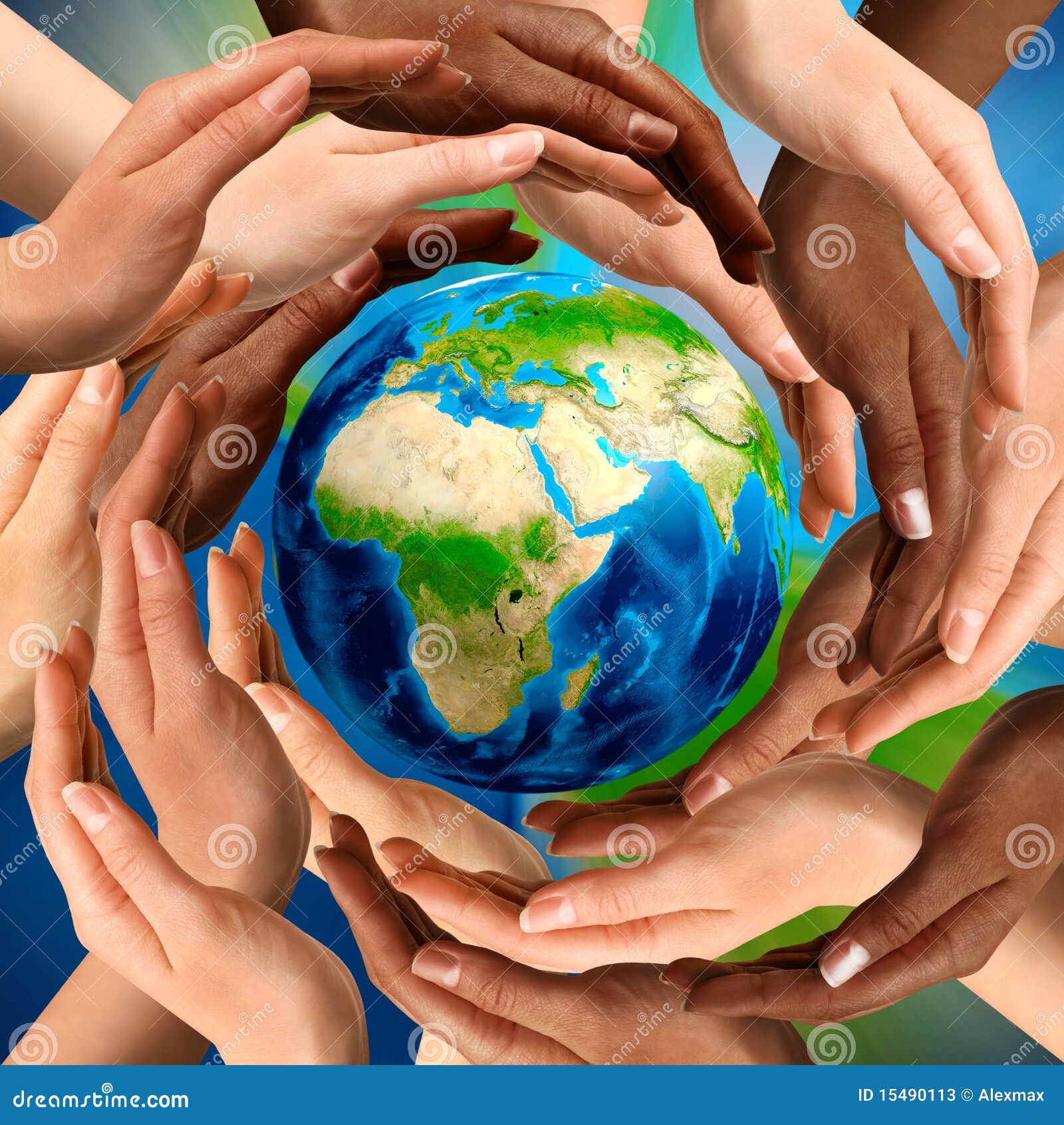 multiracial hands around the earth globe