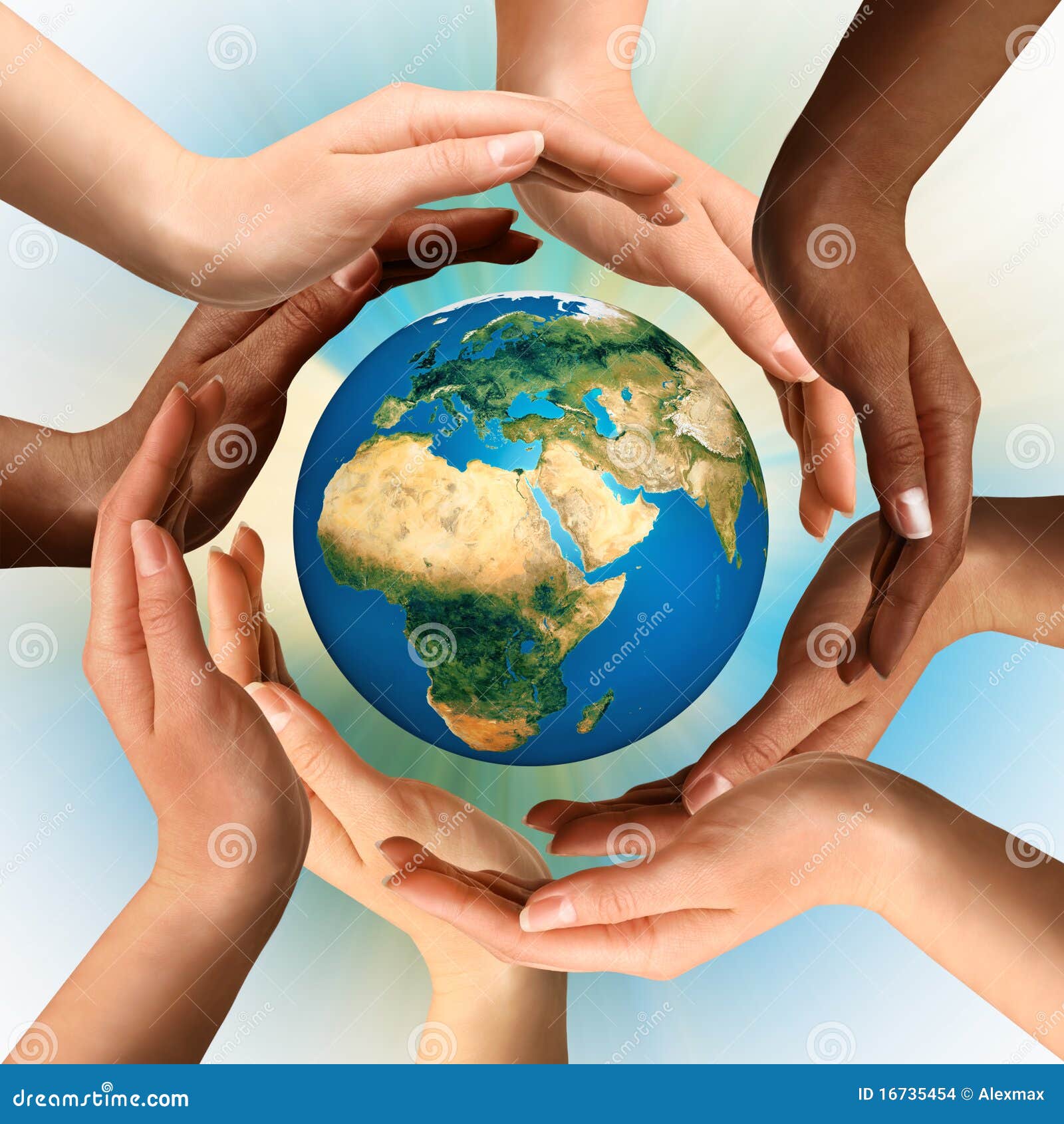 multiracial hands surrounding the earth globe