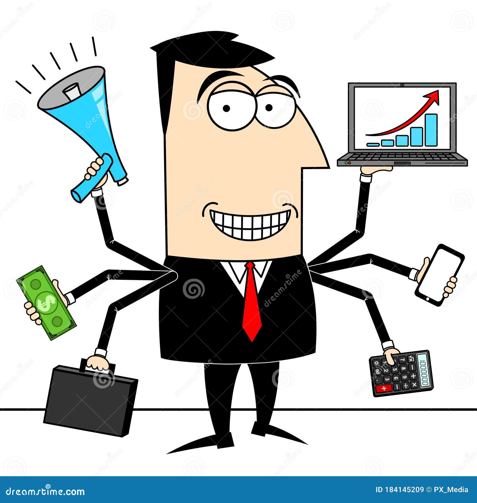 Cartoon Multitasking Businessman Holding Phone, Computer, Money and Briefcase Stock Illustration - Illustration of businessman, background: 184145209 Cartoon Multitasking Businessman Holding Phone, Computer, Money and Briefcase Stock Illustration - Illustration of businessman, background: 184145209
